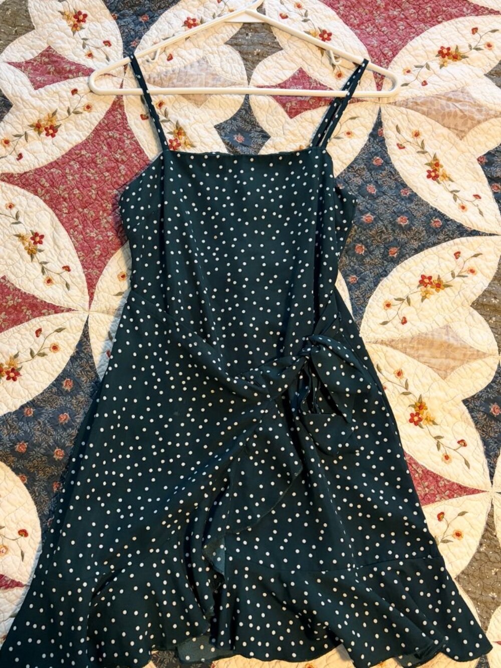 Princess Polly Caesura Mini Dress Teal Polka Dot Wrap Ruffle Size 2
